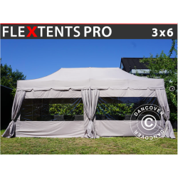 Flextents PRO 3x6m "Peaked" inkl. 6st sidor &amp; 6st dekorativa hrngardiner, Latte