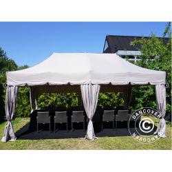 Flextents PRO 3x6m "Peaked" inkl. 6st sidor &amp; 6st dekorativa hrngardiner, Latte