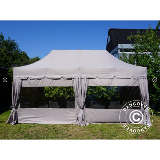 Flextents PRO 3x6m "Peaked" inkl. 6st sidor &amp; 6st dekorativa hrngardiner, Latte