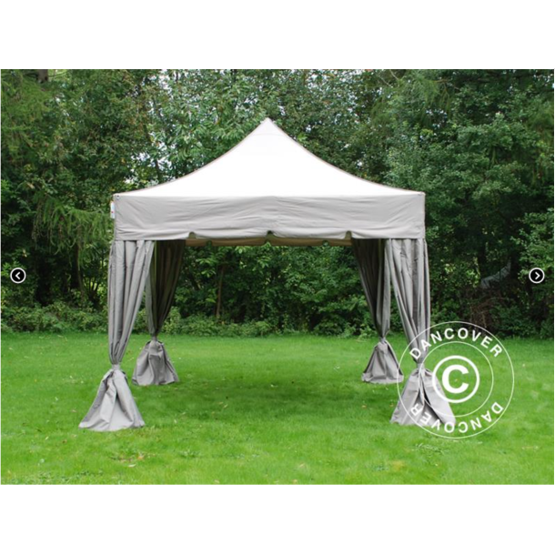 Flextents PRO 4x4m "Peaked" inkl. 4st dekorativa hrngardiner, Latte