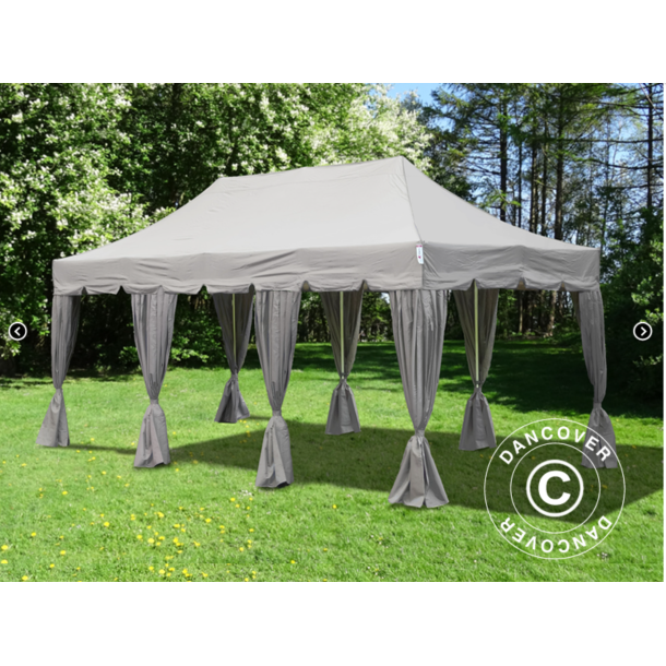 Flextents PRO 4x6m "Peaked" inkl. 8st dekorativa hrngardiner, Latte