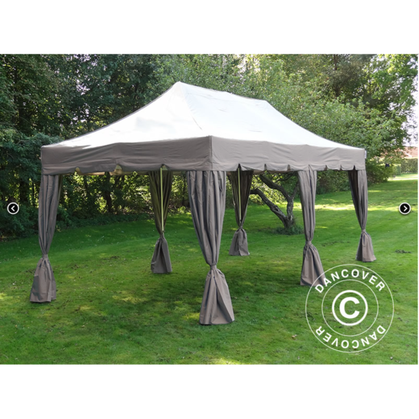 Flextents PRO 4x8m "Peaked" inkl. 6st dekorativa hrngardiner, Latte