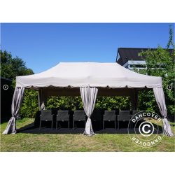 Flextents PRO 4x8m "Peaked" inkl. 6st dekorativa hrngardiner, Latte