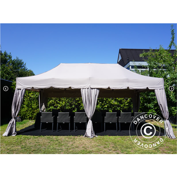 Flextents PRO 4x8m "Peaked" inkl. 6st dekorativa hrngardiner, Latte