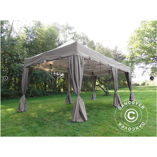 Flextents PRO 4x8m "Peaked" inkl. 6st dekorativa hrngardiner, Latte