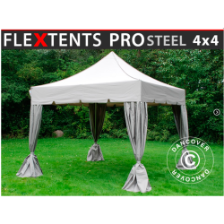 Flextents PRO Steel 4x4m "Peaked" inkl. 4st dekorativa hrngardiner, Latte