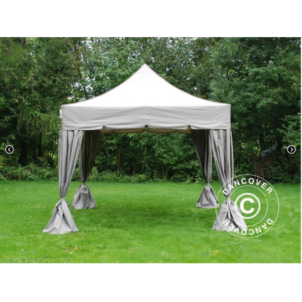 Flextents PRO Steel 4x4m "Peaked" inkl. 4st dekorativa hrngardiner, Latte