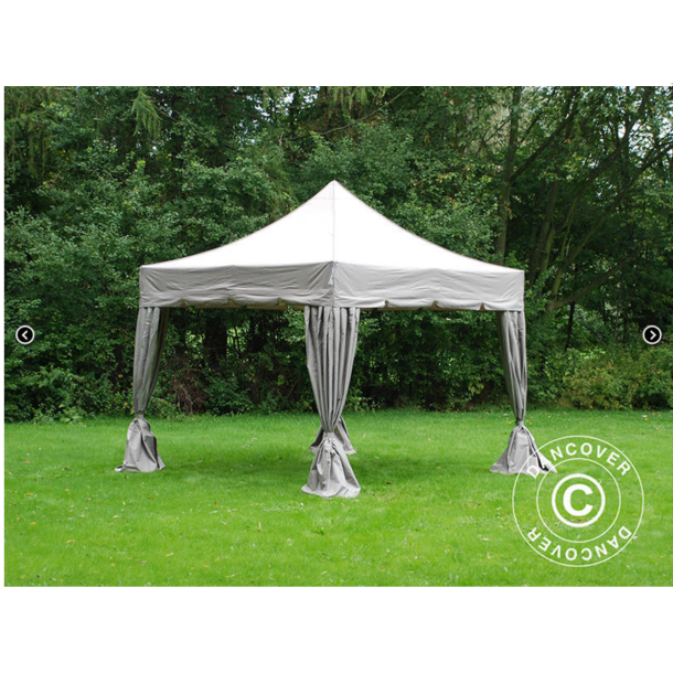 Flextents PRO Steel 4x4m "Peaked" inkl. 4st dekorativa hrngardiner, Latte