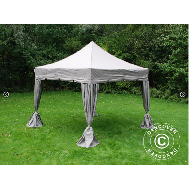 Flextents PRO Steel 4x4m "Peaked" inkl. 4st dekorativa hrngardiner, Latte