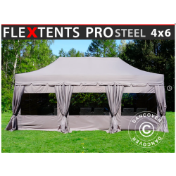 Flextents PRO Steel 4x6m "Peaked" inkl. 8st sidor &amp; 8st dekorativa hrngardiner