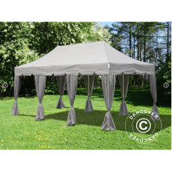 Flextents PRO Steel 4x6m "Peaked" inkl. 8st sidor &amp; 8st dekorativa hrngardiner