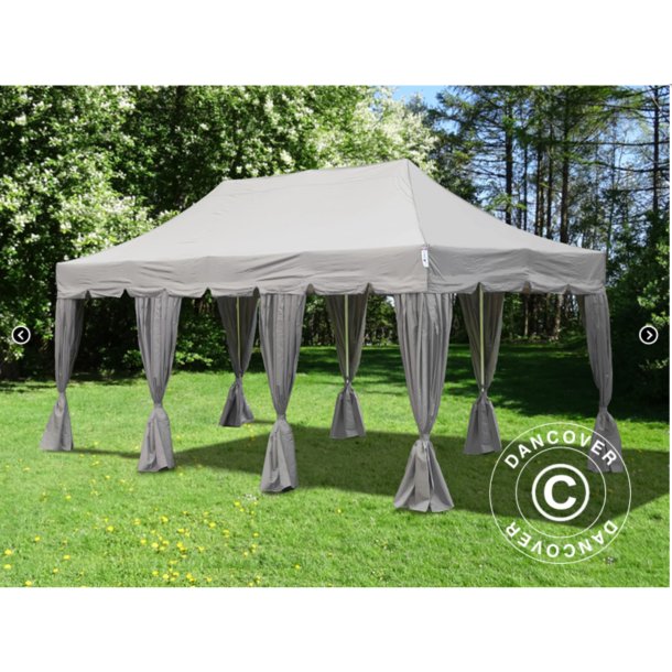 Flextents PRO Steel 4x6m "Peaked" inkl. 8st sidor &amp; 8st dekorativa hrngardiner