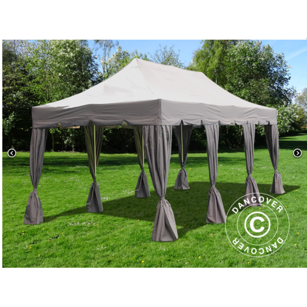 Flextents PRO Steel 4x6m "Peaked" inkl. 8st sidor &amp; 8st dekorativa hrngardiner