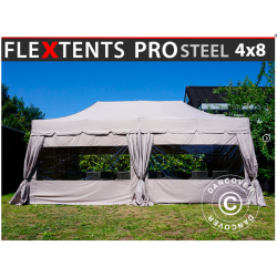 Flextents PRO Steel 4x8m "Peaked" inkl. 6st sidor &amp; 6st dekorativa hrngardiner