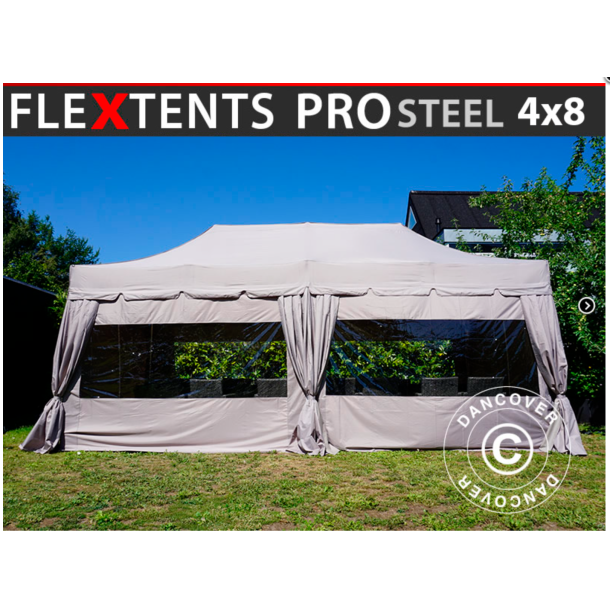 Flextents PRO Steel 4x8m "Peaked" inkl. 6st sidor &amp; 6st dekorativa hrngardiner