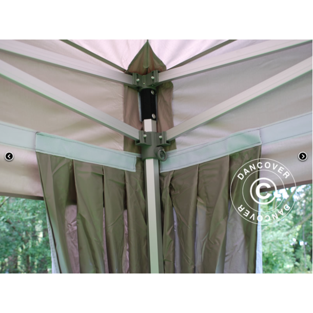 Flextents PRO Steel 4x8m "Peaked" inkl. 6st sidor &amp; 6st dekorativa hrngardiner