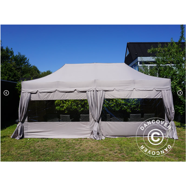 Flextents PRO Steel 4x8m "Peaked" inkl. 6st sidor &amp; 6st dekorativa hrngardiner