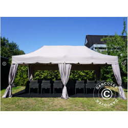 Flextents PRO Steel 4x8m "Peaked" inkl. 6st sidor &amp; 6st dekorativa hrngardiner