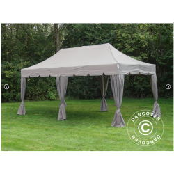 Flextents PRO Steel 4x8m "Peaked" inkl. 6st sidor &amp; 6st dekorativa hrngardiner