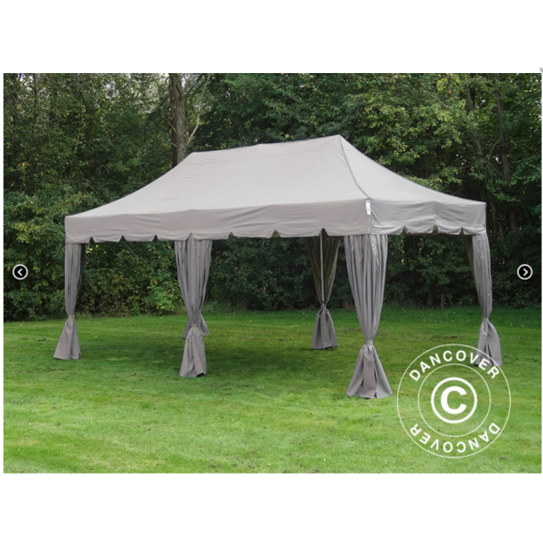 Flextents PRO Steel 4x8m "Peaked" inkl. 6st sidor &amp; 6st dekorativa hrngardiner