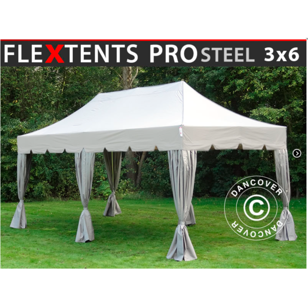 Flextents PRO Steel 3x6m "Peaked" inkl. 6st dekorativa hrngardiner, Latte