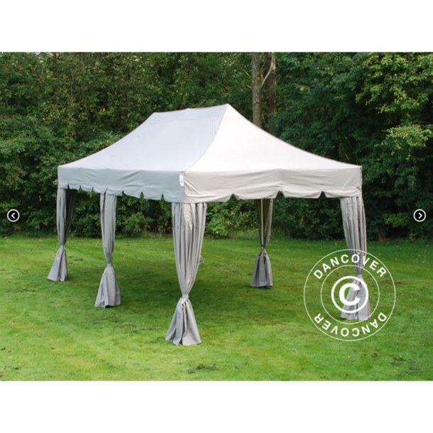 Flextents PRO Steel 3x6m "Peaked" inkl. 6st dekorativa hrngardiner, Latte