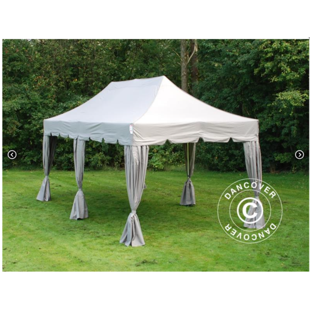 Flextents PRO Steel 3x6m "Peaked" inkl. 6st dekorativa hrngardiner, Latte