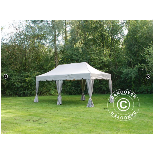 Flextents PRO Steel 3x6m "Peaked" inkl. 6st dekorativa hrngardiner, Latte