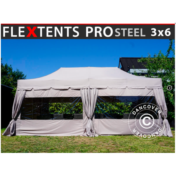 Flextents PRO Steel 3x6m "Peaked" inkl. 6st sidor &amp; 6st dekorativa hrngardiner, Latte