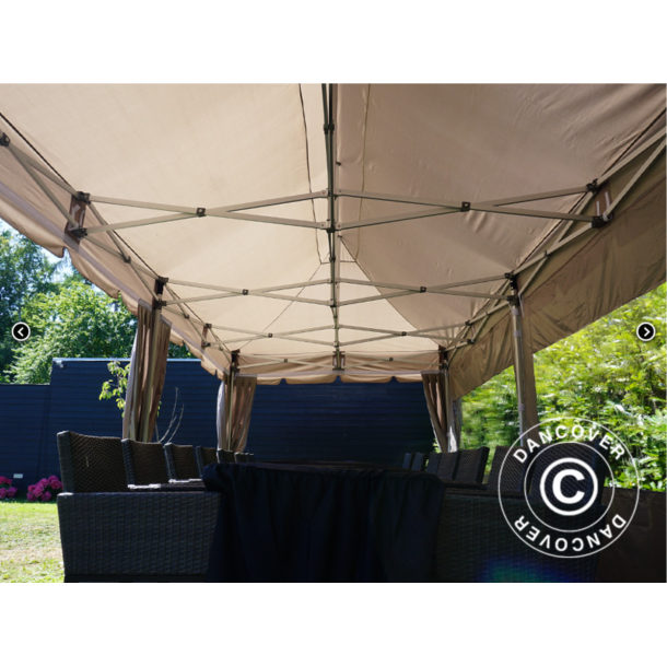 Flextents PRO Steel 3x6m "Peaked" inkl. 6st sidor &amp; 6st dekorativa hrngardiner, Latte