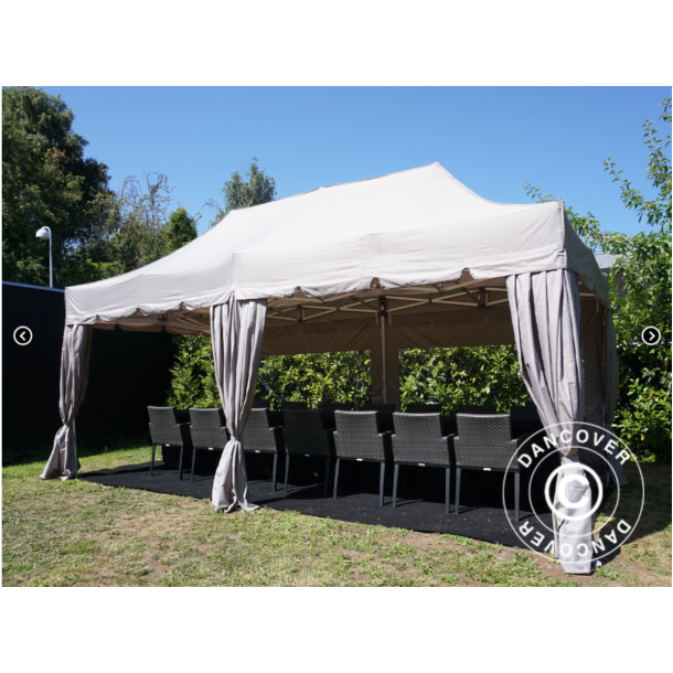 Flextents PRO Steel 3x6m "Peaked" inkl. 6st sidor &amp; 6st dekorativa hrngardiner, Latte