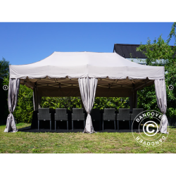 Flextents PRO Steel 3x6m "Peaked" inkl. 6st sidor &amp; 6st dekorativa hrngardiner, Latte