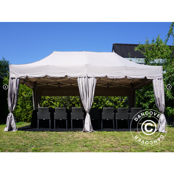 Flextents PRO Steel 3x6m "Peaked" inkl. 6st sidor &amp; 6st dekorativa hrngardiner, Latte