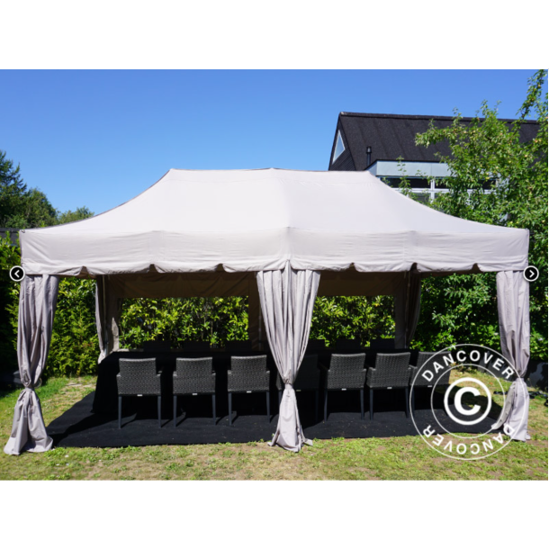 Flextents PRO Steel 3x6m "Peaked" inkl. 6st sidor &amp; 6st dekorativa hrngardiner, Latte