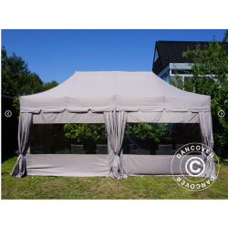 Flextents PRO Steel 3x6m "Peaked" inkl. 6st sidor &amp; 6st dekorativa hrngardiner, Latte