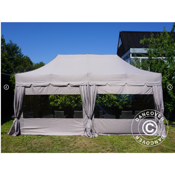 Flextents PRO Steel 3x6m "Peaked" inkl. 6st sidor &amp; 6st dekorativa hrngardiner, Latte