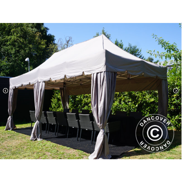 Flextents PRO Steel 3x6m "Peaked" inkl. 6st sidor &amp; 6st dekorativa hrngardiner, Latte