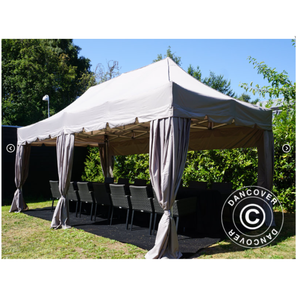 Flextents PRO Steel 3x6m "Peaked" inkl. 6st sidor &amp; 6st dekorativa hrngardiner, Latte