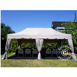 Flextents PRO Steel 3x6m "Peaked" inkl. 6st sidor &amp; 6st dekorativa hrngardiner, Latte