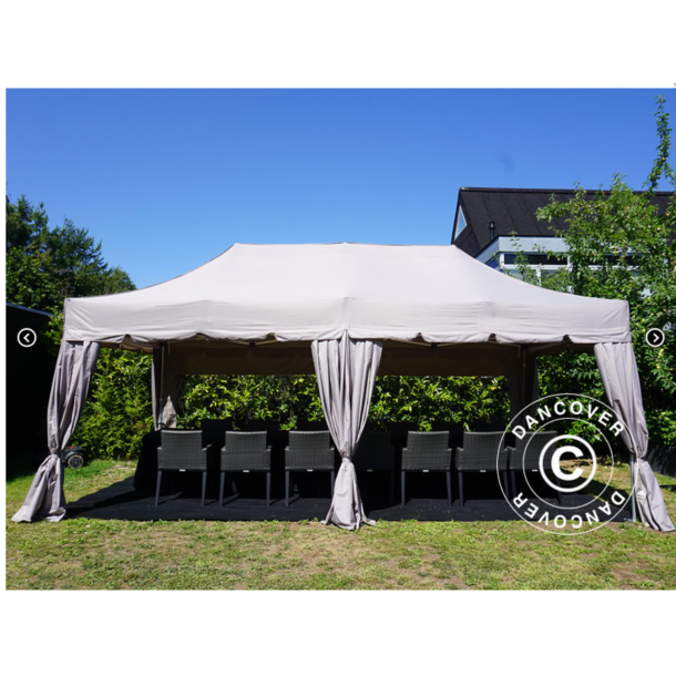 Flextents PRO Steel 3x6m "Peaked" inkl. 6st sidor &amp; 6st dekorativa hrngardiner, Latte