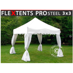 Flextents PRO Steel 3x3m "Wave" inkl. 4st dekorativa hrngardiner, Vit