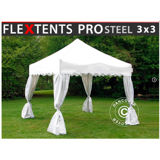 Flextents PRO Steel 3x3m "Wave" inkl. 4st dekorativa hrngardiner, Vit
