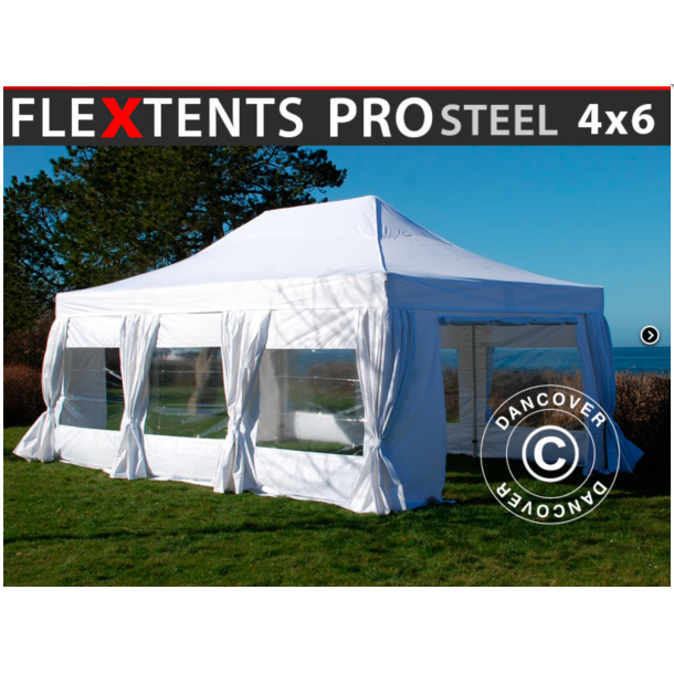 Flextents PRO Steel 4x6m inkl. 8st sidor &amp; 8st dekorativa hrngardiner