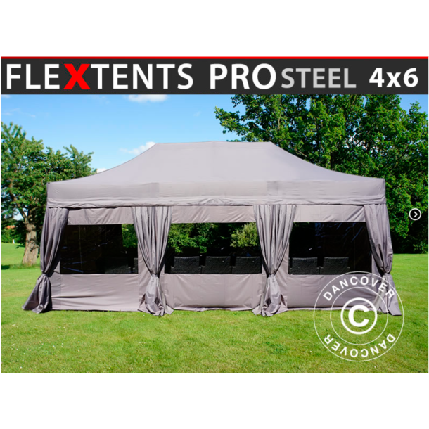 Flextents PRO Steel 4x6m inkl. 8st sidor &amp; 8st dekorativa hrngardiner