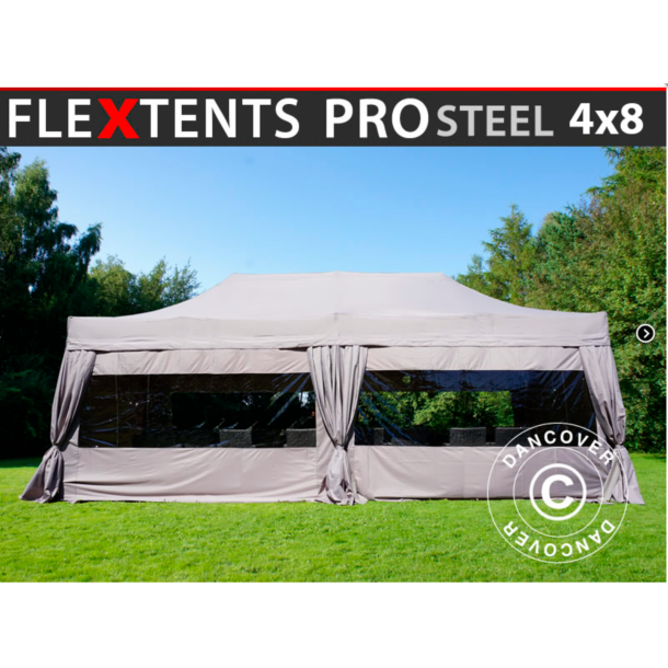 Flextents PRO Steel 4x8m inkl. 6st sidor &amp; 6st dekorativa hrngardiner
