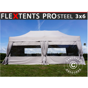 Flextents PRO Steel 3x6m inkl. 4st sidor & 6st dekorativa hrngardiner, Latte