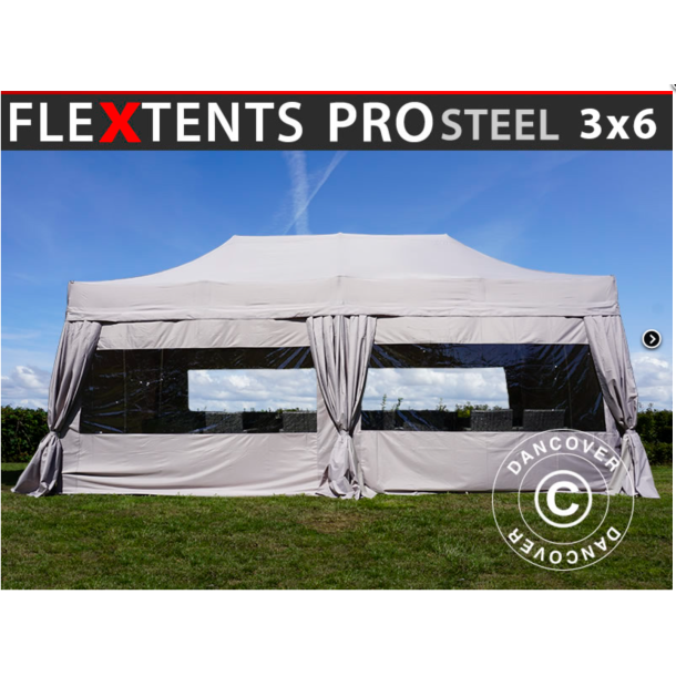 Flextents PRO Steel 3x6m inkl. 4st sidor &amp; 6st dekorativa hrngardiner, Latte
