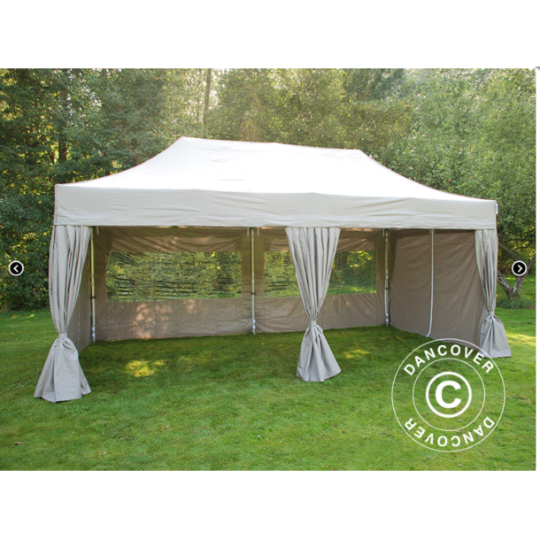 Flextents PRO Steel 3x6m inkl. 4st sidor &amp; 6st dekorativa hrngardiner, Latte