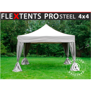 Flextents PRO Steel 4x4m inkl. 4st dekorativa hrngardiner, Latte
