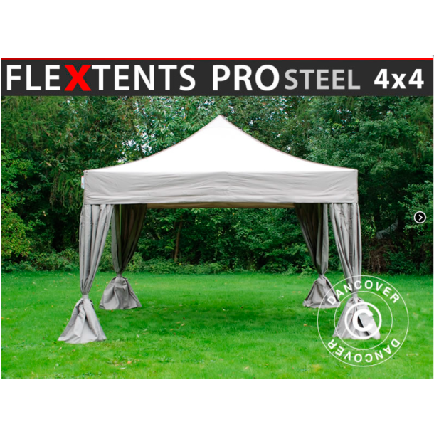 Flextents PRO Steel 4x4m inkl. 4st dekorativa hrngardiner, Latte